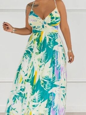 Tropical Teal Print Maxi Dress with Spaghetti Straps